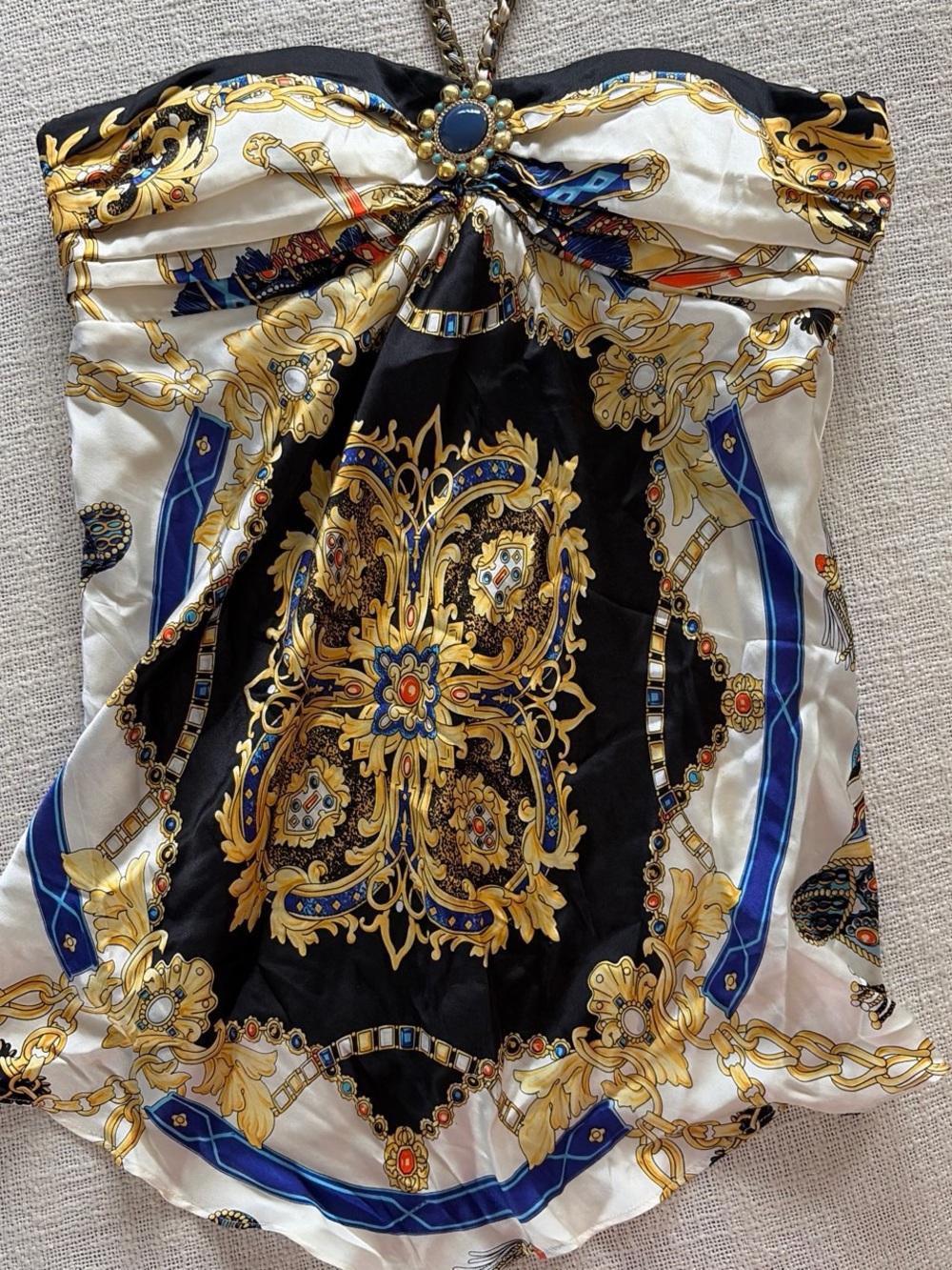 Cache white silk top with black trim and gold print